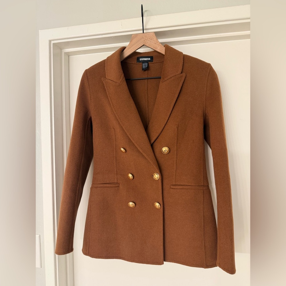 Express Hand Sewn Wool Blend Double Breasted Novelty Button Brown Blazer Jacket - Picture 6 of 15